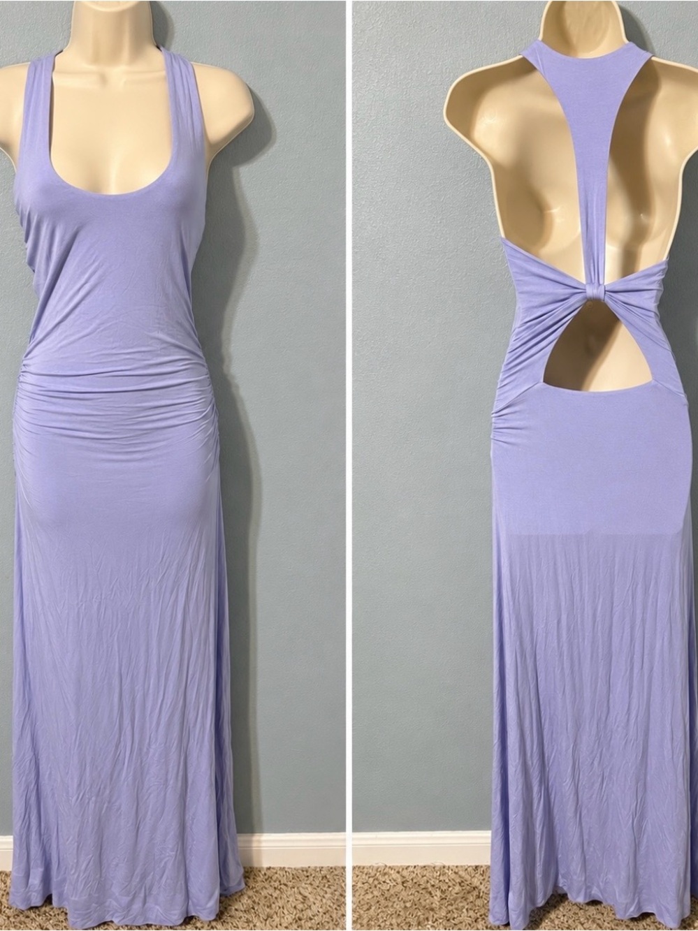 Kookai Lavender Maxi Dress Open Back Cutout Ruched Bodycon Y2K Resort Sexy XXS